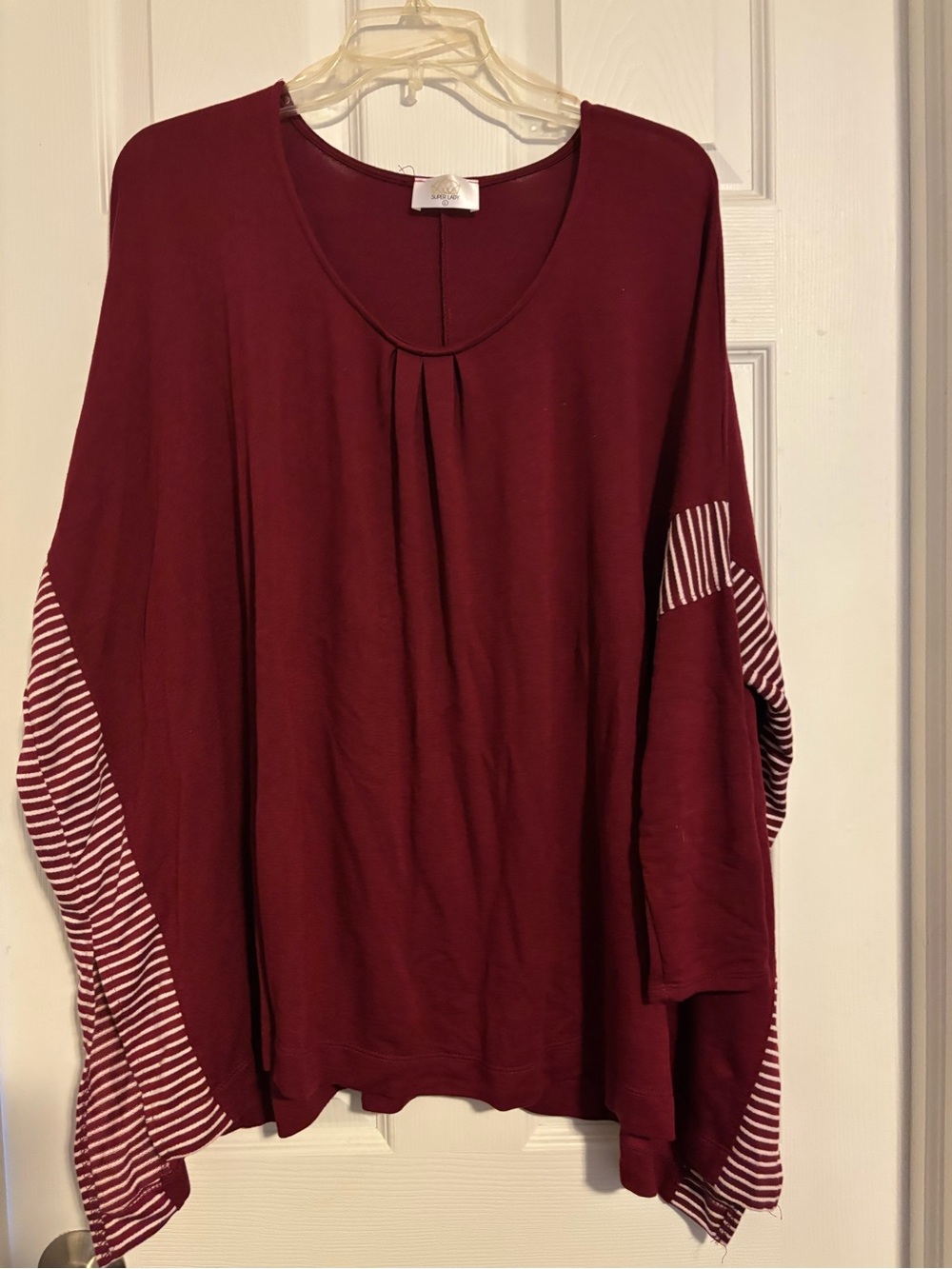 Relaxed Burgundy Tunic Top with Striped Sleeve Detail